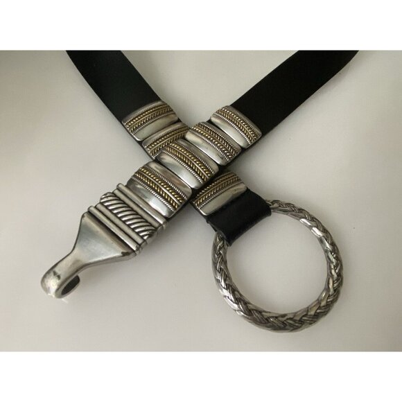 Chico's Western Silver Tone Concho Ring Hook Buckle M/L Black Leather Belt - Picture 14 of 16